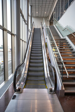 Modern indoor interior featuring parallel escalators and a stone staircase in a public transit station or commercial building.