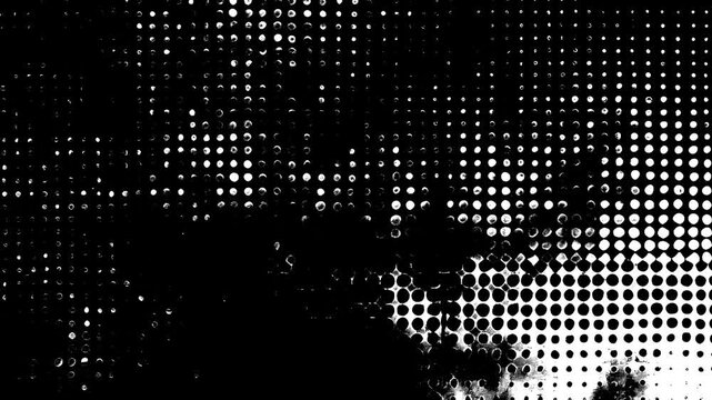 Black and white halftone newsprint texture background with vintage grainy motion and analog film noise effect.