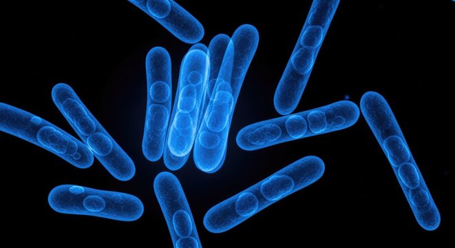 Glowing Blue Rod Shaped Bacteria Floating on Dark Microscopic Background