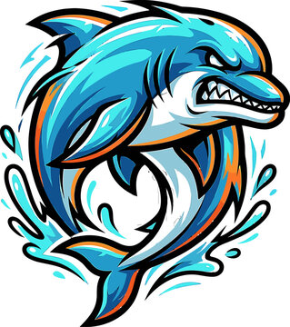 Fierce blue dolphin with sharp teeth and angry expression, surrounded by splashing water, aggressive marine mammal illustration