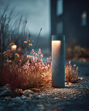 A modern outdoor bollard light softly illuminates wildflowers and gravel at dusk, creating a tranquil garden atmosphere.