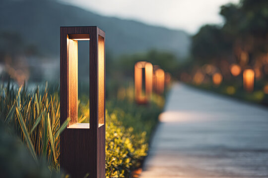 Modern outdoor pathway lights illuminate a garden walkway at dusk, with mountains and greenery in the blurred background.