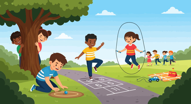 Diverse group of children playing various outdoor games in a park.