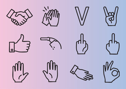 Collection of hand gestures and symbols illustrated in minimalist line art style