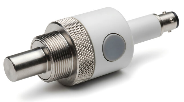 Close-up of a coaxial connector with knurled texture and metallic finish