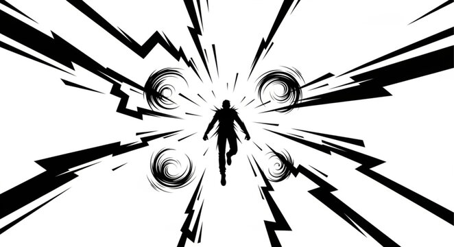 Silhouette of Person Surrounded by Lightning Bolts and Energy.