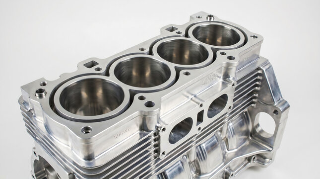 Close-up of a polished engine cylinder head with four combustion chambers