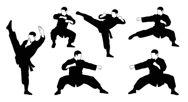 Martial arts silhouette illustrations showcasing various dynamic karate poses and combat stances for training and sport