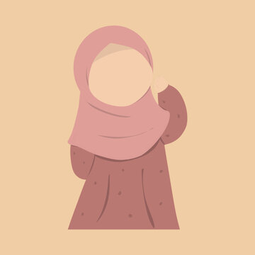 Minimalist Vector Illustration of a Cute Muslim Girl wearing a Pink Hijab and Modest Brown Patterned Dress, Faceless Character Design