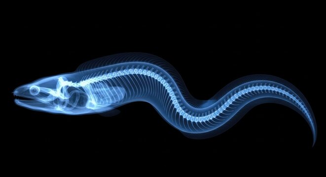 Glowing Blue Xray Eel Skeleton Curving on Black Background