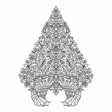 Intricate traditional Indonesian Gunungan Wayang Kulit design with detailed floral patterns.