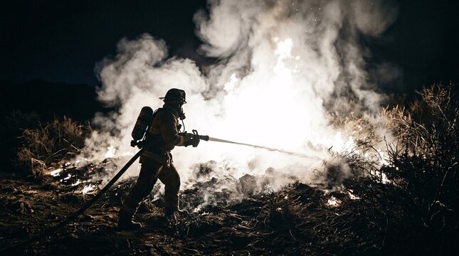 Brave heroic silhouettes of dedicated firefighters aggressively battling massive blazes transformed into blinding white-hot chemical fires.