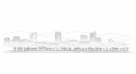 Obraz premium Stylized sketch of a city skyline with palm trees and mountains in the background