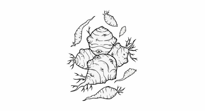 Black and white sketch of Jerusalem artichokes scattered and overlapping