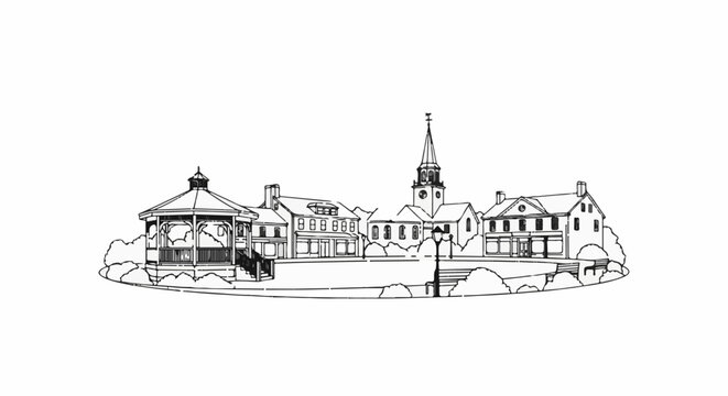 A quaint village scene with a gazebo, church, and historic buildings