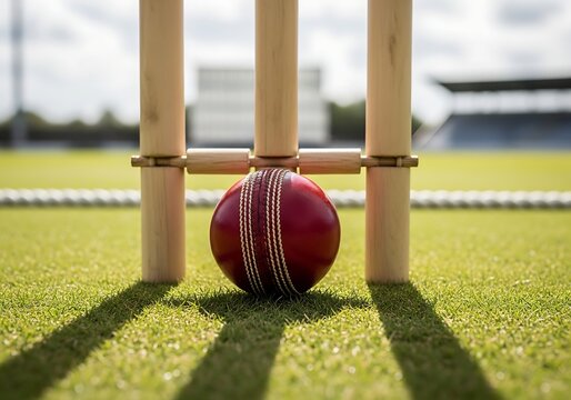 Cricket ball on a green field, positioned near wickets with a black background, implied by shadows, red ball
