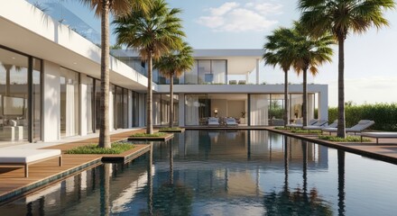 Fototapeta premium Luxury modern house with swimming pool and palm trees