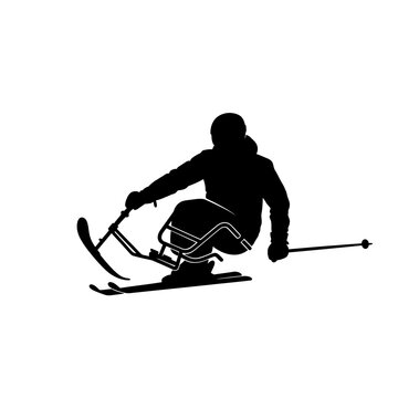 Silhouette of a skier on a sit-ski during a downhill race.