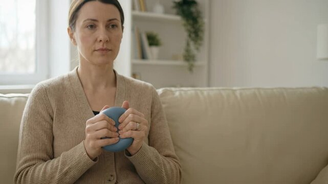 Caucasian woman practicing hand exercise therapy at home. Rehabilitation for improved mobility, home healthcare recovery.