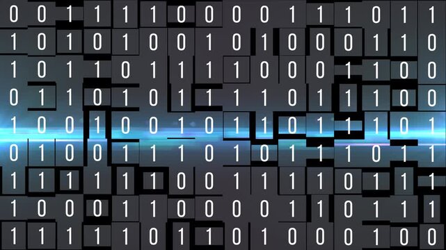 Digital binary code grid with flickering ones and zeros on dark tiles. Futuristic blue lens flare background. Data processing, computer hacking theme