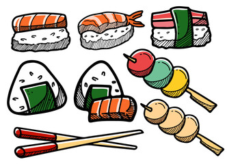 Japanese Food Doodle Set Sushi Onigiri Dango Chopsticks Hand Drawn Vector Collection © kazanma73