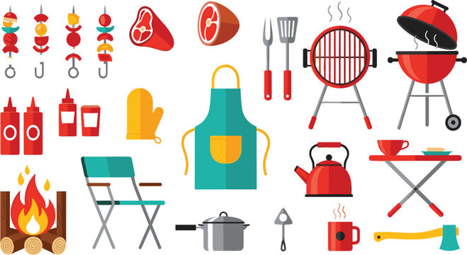 Vibrant Flat Style Outdoor BBQ and Picnic Supply Set with Kebab, Apron, Grill, Campfire, Kettle, Chair, Axe, and Sauce for Party Designs.