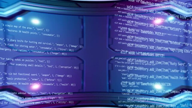 Abstract digital background with animated cyberpunk walls and fast programming code template in front. Bended magenta look