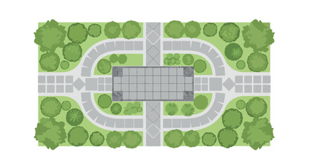 Landscape design plan vector, top view garden layout with stone paths and green trees, architectural site map for backyard park or public square © AbdullahStudio