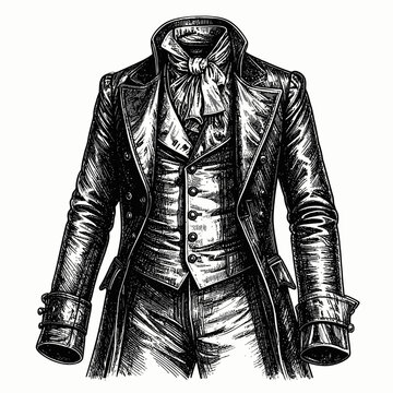 Elegant historical Victorian-era formal wear, intricately detailed illustration of a classic gentleman's outfit with double-breasted waistcoat and cravat