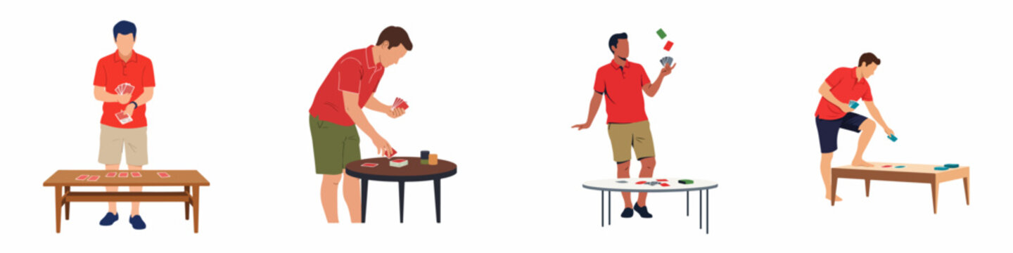 Set of four flat vector illustrations of a man in a red polo shirt playing various card games at different tables.