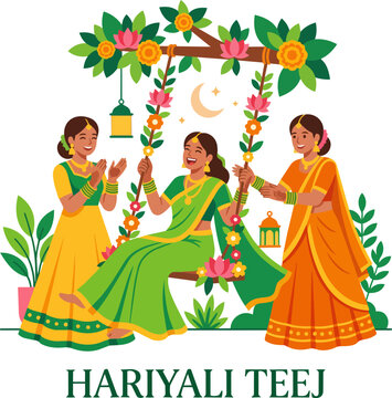 Happy Hariyali Teej Festival Celebration with Women on a Swing