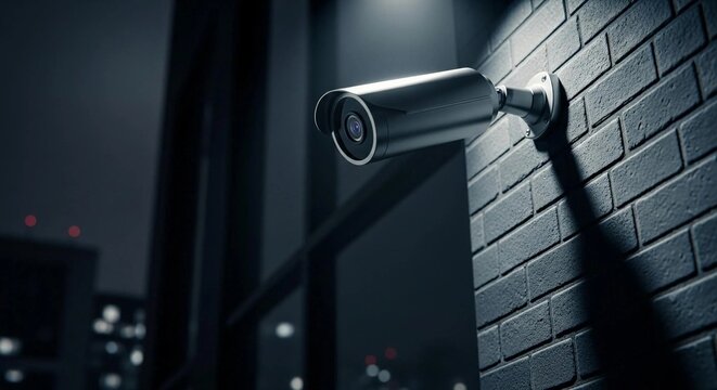 A sleek, modern security camera mounted on a brick wall at night, overlooking a city with blurred urban lights in the background.