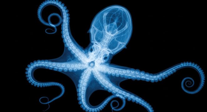 Blue Xray Octopus Floating Against Black Background