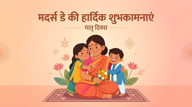 Happy Mother's Day Greeting in Hindi, "Matru Diwas Ki Hardik Shubhkamnaye", Illustration of Indian Mother and Daughter Hugging in Traditional Saree and Rangoli Background