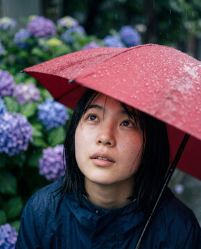 雨の中で紫陽花と赤い傘を差し、空を見上げる少女