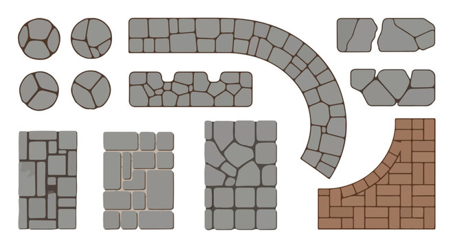 Stone paving vector set, grey cobblestone path textures and brick walkway patterns, architectural garden landscaping elements for site plans