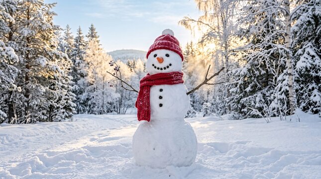 Cheerful classic snowman standing beautifully in pristine snow-covered winter landscapes wearing bright crimson red knitted scarves gladly.