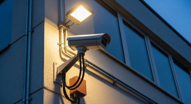 A professional security camera and floodlight mounted on an external building wall at night, providing constant surveillance and property protection.