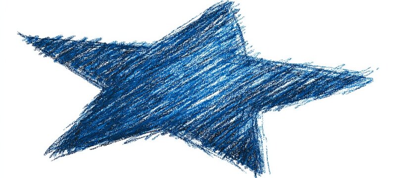 Blue star drawing with crayon on white background.
