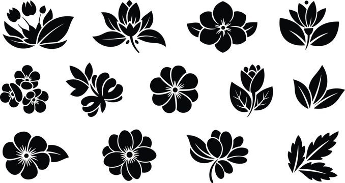 Black Floral Silhouette Icon Set with Leaves and Flower Shapes, Botanical Vector Collection for Nature, Decoration, Pattern and Design Projects