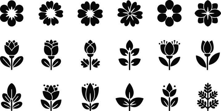 Black Flower Silhouette Icon Set with Various Floral Shapes and Botanical Elements, Minimal Vector Collection for Nature, Decoration and Design Projects
