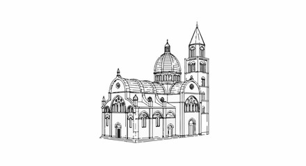 Obraz premium Stylized line art sketch of a large, ornate religious building with a dome and tower