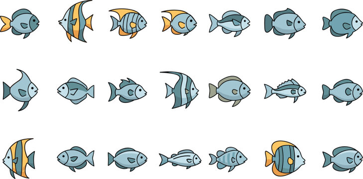 Cute Fish Character Icon Set with Various Cartoon Sea Creatures, Colorful Marine Life Collection for Ocean, Aquarium, Kids Design and Illustration