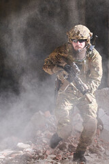 Obraz premium Armed Soldier in Tactical Gear Moving Through Dusty Urban Rubble With Rifle During Combat Operation