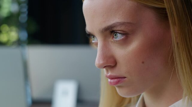 Portrait serious confident authority Caucasian business woman looking thinking businesswoman girl female face strong facial expression gaze stare worker look in distance feeling confidence in office