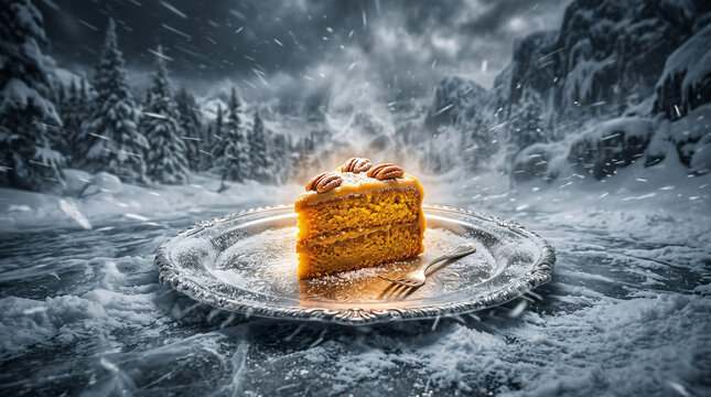 A glowing, warm piece of cake resting on a silver platter in the middle of a brutal, icy blizzard