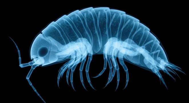 Translucent Blue Amphipod Crustacean Displayed on Black Scientific Background