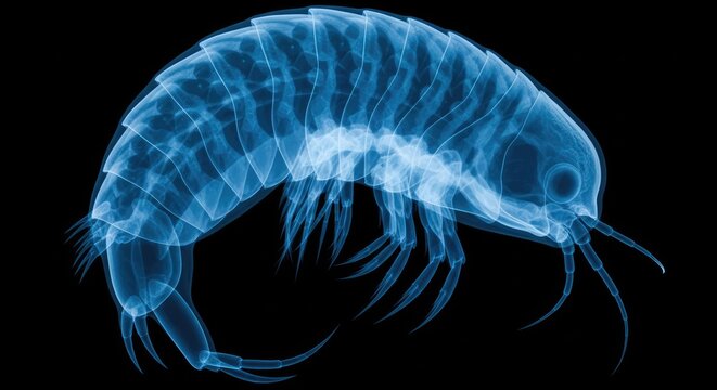 Translucent Blue Xray Amphipod Floating on Black Background