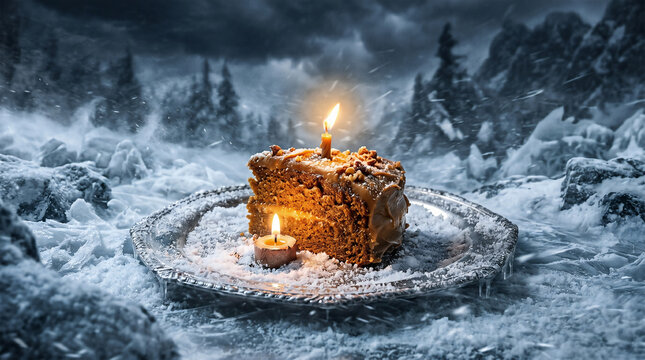 A glowing, warm piece of cake resting on a silver platter in the middle of a brutal, icy blizzard