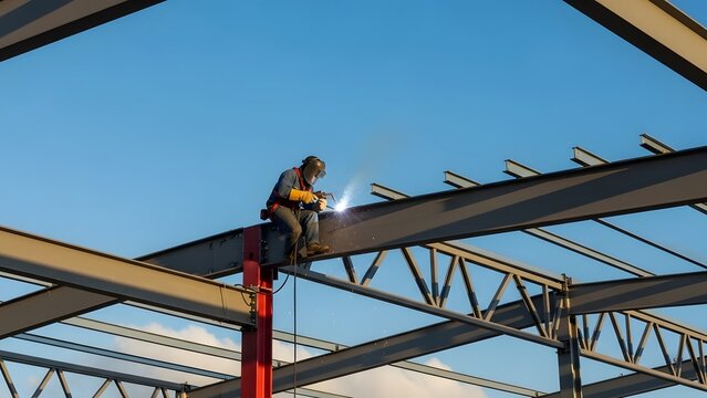 Construction worker welding metal beams on a building structure against a clear blue sky
